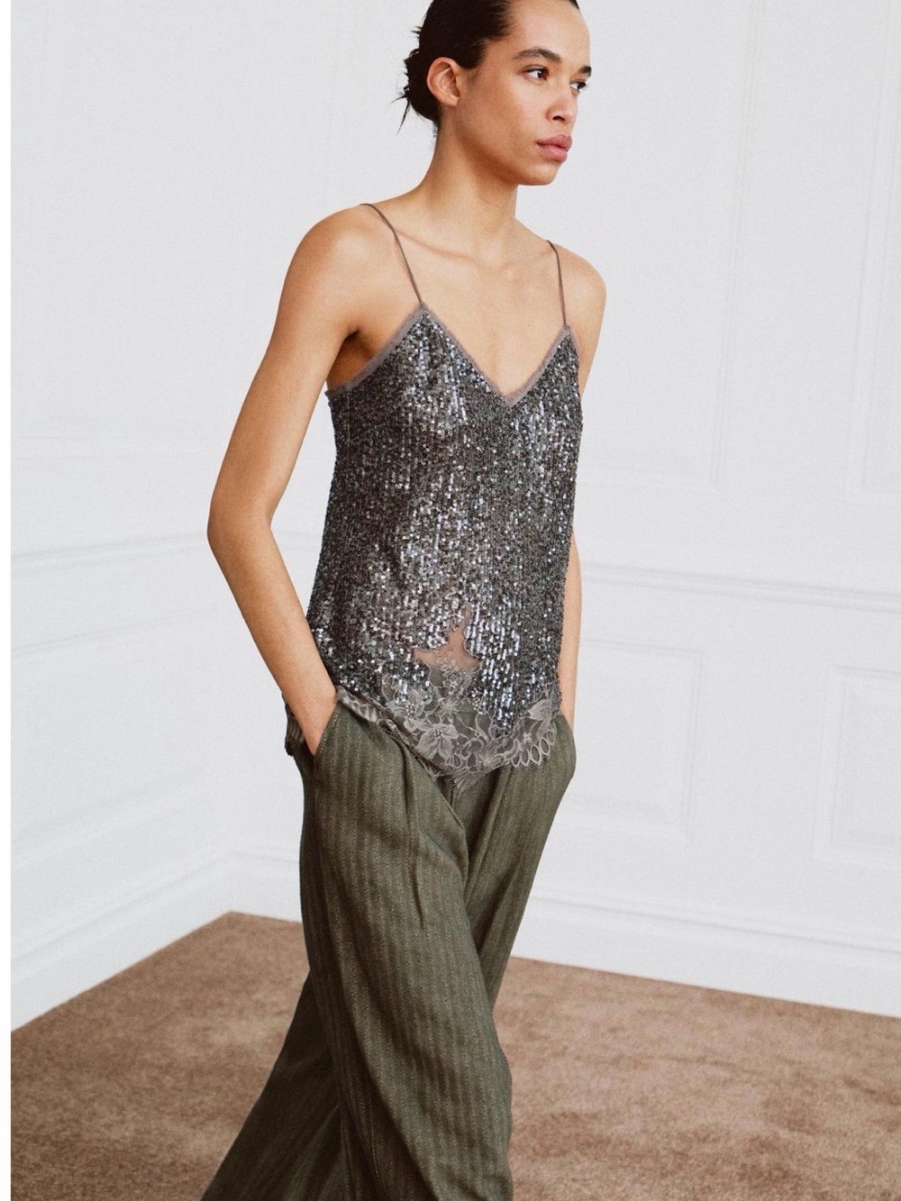 NWT Zara Women’s Dark Silver Sequin Lace Trim Cami Top Large 1758/153/836